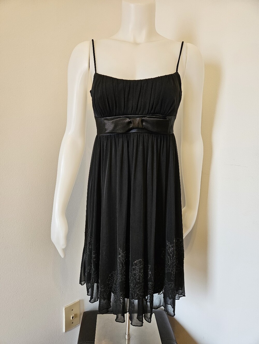 Y2K Black Spaghetti Straps Dress with Satin Waist Bow 6P